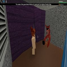 an animated image of two people standing in front of a purple wall and looking at each other