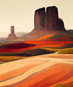 the desert is full of red, yellow and green plants with tall rock formations in the background