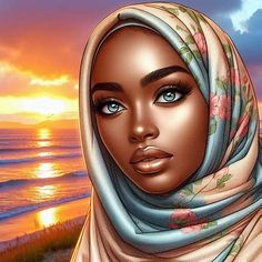 a digital painting of a woman wearing a headscarf on the beach at sunset