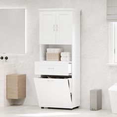 a bathroom with white walls and flooring has a cabinet in the corner that is open