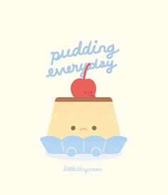 an apple sitting on top of a piece of cake with the words puddinging everywhere above it