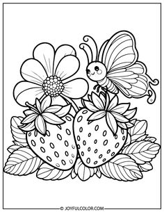 strawberry and butterfly coloring pages for kids with flowers, leaves and butterflies on the ground