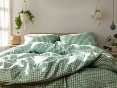 an unmade bed with green and white checkered comforter, hanging plants on the wall