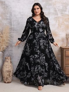 color: Black, size: 3XL Lace Mesh Dress, Long Dress Plus Size, Formal Parties, Floral Printed Dress, Dress Spring, Fabric Floral, Plus Size Maxi Dresses, Formal Party, Maxi Dress With Sleeves