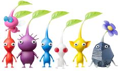 five different colored plastic toy plants with eyes and arms, one has a flower in the middle