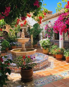 a fountain surrounded by potted plants and flowers in front of a building with tiled floors