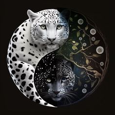 two black and white cats sitting next to each other in front of a circular painting