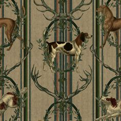 a dog and two dogs on a striped wallpaper with deer antlers in the background