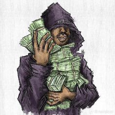 a drawing of a man holding money in his hands and wearing a black hoodie