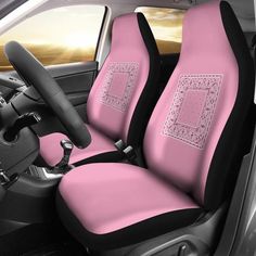 pink and black car seat covers with white stitching on the front, back and sides