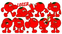 a group of red cartoon characters with the word laser