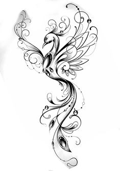 a black and white drawing of a bird with swirls on it's wings