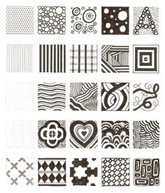 a bunch of different patterns on a white background with black and white lines in the middle