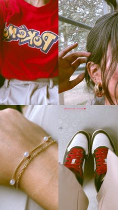 four different pictures of woman with red shoes and bracelets