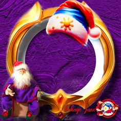 an image of a santa clause sitting in front of a purple background with the letter c