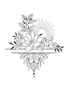 a black and white drawing of flowers with an arrow in the middle on a white background