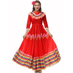 PRICES MAY VARY. Include: 1*women mexican dress + 1*decorate head flower Material: this mexican fiesta dress is made of 90% polyester+10% spandex, fabric is light and slinky, comfortable to wear. Color is very brilliant, eye catching mexican style dress Design: mexican folklorico dress design with wide skirt flow and stripes at the bottom endstripes, which make it's wonderful for spinning, twirling and dancing Size: this mexican costume outfit dress fits women girls, US size, please check the si Virgin Mary Costume, Fiesta Costume, Folklorico Dresses, Mary Costume, Traditional Mexican Dress, Horror Costume, Dancer Dress, Dancer Costume, Mexico Style