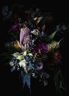 a bunch of flowers that are in the dark