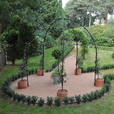 a circular garden area with potted plants in it