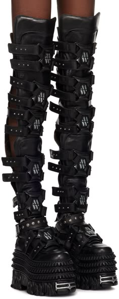 Find VETEMENTS New Rock Edition Gamer Tall Boots on Editorialist. Thigh-high paneled buffed leather boots in black. · Graphic rivets and studs throughout · Graphic hardware at toe, heel, and sole · Extended padded tongue · Velcro straps and cutout at sides · Cushioned faux-suede insole · Graphic platform midsole · Treaded rubber sole · Platform: H5 Part of the VETEMENTS x New Rock collaboration. Supplier color: Black Black Leather Boots Outfit, Alternative Boots, Pant Boots, Armor Boots, Faux Boots, Boots 2024, Big Boots, Afro Punk Fashion, New Rock Boots