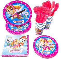 paw patrol party supplies including plates, napkins and cups