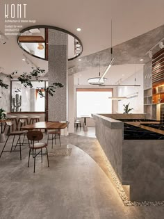 the interior of a modern restaurant with concrete walls and flooring is lit by round lights