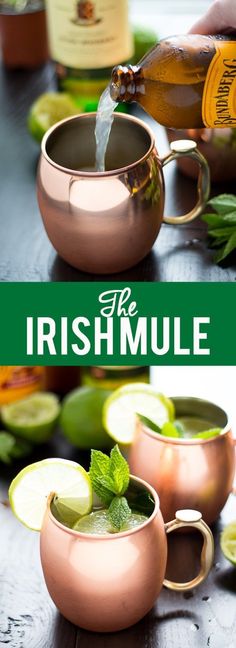 two copper mugs filled with green tea and lime slices, one being poured into the cup