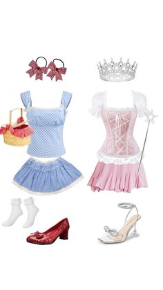 several different outfits and accessories are arranged on a white background, including shoes, tiara, dress up doll, purse, shoelaces