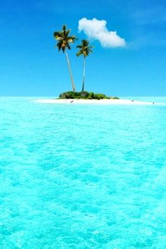 an island with two palm trees in the middle of it and blue water around it