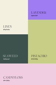 four different color palettes with the words seaweed and pestacio on them