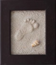 an animal's paw and foot print in sand with a seashell on it