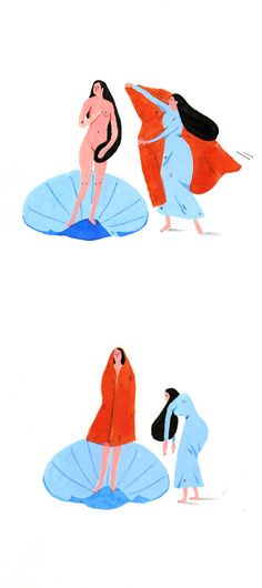 two women are sitting on surfboards and one is wearing a blue dress with an orange cape