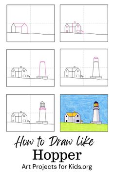 how to draw like hoper for kids with lighthouses and houses in the background