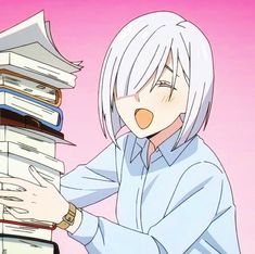 an anime character holding a stack of books in front of her face and looking at the camera