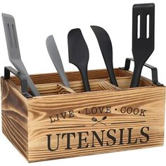 utensils in a wooden box with live love cook written on the front and sides