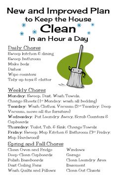 a house cleaning checklist with the words, new and approved plan to keep the house clean in an hour a day