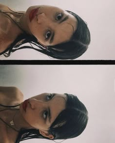 two pictures of a woman with wet hair and piercings on her head, looking at the camera