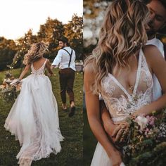 the bride and groom are walking through the grass together in their wedding attire, with one woman wearing a white dress