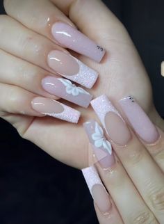 Pink And White Acrylic Nails Coffin, Short Nails Acrylic Diamonds, Pink And White Quince Nails, White Nails With Pink Butterflies, Quince Nails Purple, Pink Quinceanera Nails, Medium French Tip Acrylic Nails With 3d Flowers, Pink Long Nails With Diamonds, Nail Ideas For Graduation