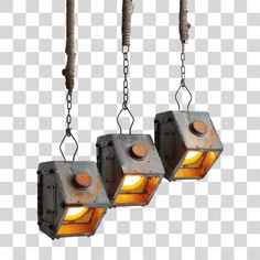 three industrial light fixtures hanging from chains with yellow lights on them, and one is attached to