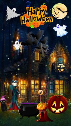 an animated halloween scene with pumpkins and ghost