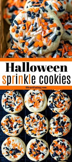 halloween sprinkle cookies with orange and black sprinkles in the middle