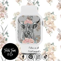 a watch with an image of a cow on it's face and flowers in the background