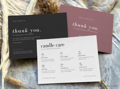 three thank cards with the words, thank you and candle care written on one side