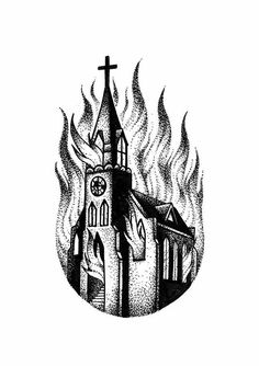 a black and white drawing of a church on fire