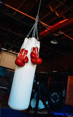 a pair of red boxing gloves hanging from a chain on a punching bag in a gym