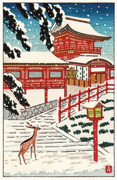 an illustration of a deer in front of a red building with snow on the ground