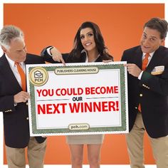 two men and a woman holding up a sign that says you could become our next winner