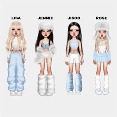 four dolls with different outfits and hair are standing in front of the same image, one is