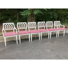 Completely fabulous this set of dining chairs offers up Palm Beach glamour. They have been freshly and professionally painted in Benjamin Moore “Decorators White” gloss.  I absolutely love the fun vintage pink leopard upholstery, use these as is or recover in your favorite fabric. This set includes two captains chairs and four side chairs.  To View all of our listings at Bill Trimble Home, Click on Shop Bill Trimble Home on the right side of this listing. Follow Shop Bill Trimble Home to be noti Benjamin Moore Decorators White, Decorators White, Decorators White Benjamin Moore, Beach Glamour, Pink Dining Chairs, Chippendale Chairs, Palm Beach Regency, Modern Cottage, Comfy Chairs